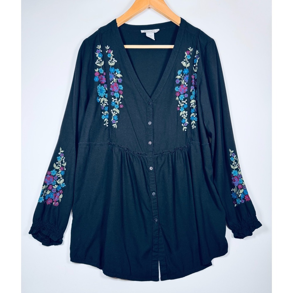 Fresco Nomadic Traders Tunic Top Womens Large Black Embroidered Floral Blouse‎